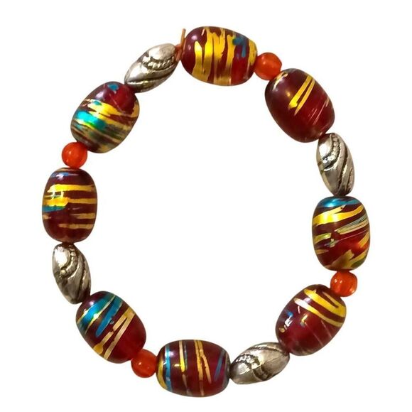 Handmade Glass Bead Bracelet Red Gold Stretch Band - Picture 4 of 5